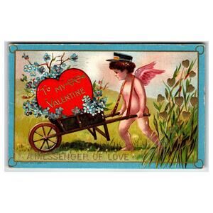 Antique Valentine Postcard Cupid Wheelbarrow Forget-Me-Nots "A Messenger of